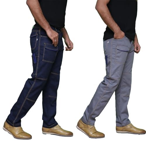 Image of Pro Builder Work Trousers Men - Heavy Duty Cargo Trousers for Men - Multi Pockets & Double Stitched - Durable Combat Workwear (36W to 38W) (UK, Waist, 36, 32, Regular, Regular, Grey)