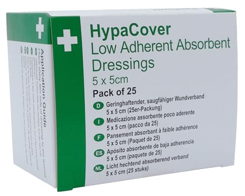 Image of Safety First Aid Group HypaCover Low Adherent Dressing Pads for Wounds Absorbent Dressing, 5x5cm (Pack of 25)