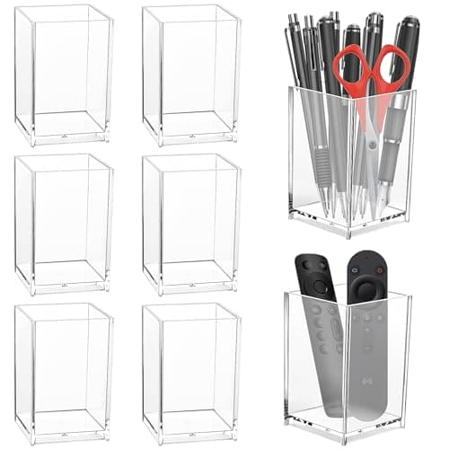 Image of Akamino 8 PCS Acrylic Pen Pot, 6.5 x 6.5 x 10 cm Square Pen Pencil Holder，Transparent Desktop Stationery Makeup Brush Storage Organizer Clear Pen Cup for Office School Home
