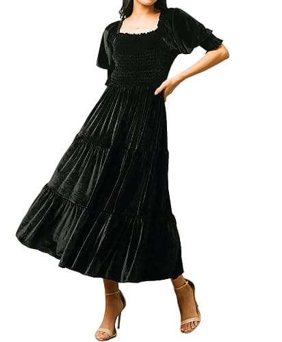 Image of R.Vivimos Autumn Winter Velvet Dress for Women Square Neck Puff Sleeve Midi Dress Ruched Smock A Line Flowy Ruffle Long Dress(Large,Black)
