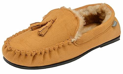 Image of DUNLOP Mens Famous George Moccasin Loafers Faux Sheepskin Fur Slippers with Rubber Sole (8 UK, Tan Duke)