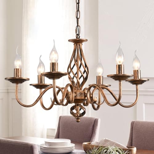 Image of JIINOO Chandelier Traditional Style Country,Vintage Height Adjustable Candle Wrought Iron Bronze Chandelier,6 Lights Farmhouse Classic Pendant Light Fixture for Kitchen Dining Room Living Room