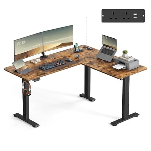 Image of VASAGLE Electric Desk, Height-Adjustable L-Shaped Corner Standing Desk, 160 x 140 cm, with Charging Station, Memory Function with 2 Heights, for Home Office, Rustic Brown and Ink Black LSD264K02