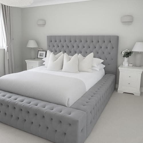Image of Home Interior Plush Velvet Fabric Upholstered Ambassador Bed - UK Made - Small Double/Double/King/Super King Sizes (Grey Plush, Double (4ft6) Bed Frame)