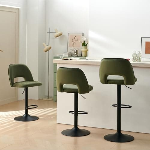Image of Weegstok Breakfast Bar Stools Set of 3, Modern Swivel Kitchen Stool, Adjustable Upholstered Barstools Counter Height with Square Open Back for Bar Kitchen Island, Dining Room (3, Sage Green)