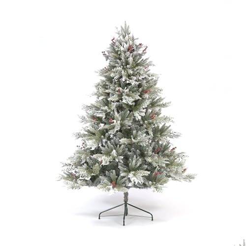 Image of Garden Store Direct Lapland Fir Snow Flocked Covered Artificial Christmas Tree PE & PVC Mixed Tips, Hinged Branches, 4ft to 10ft (Frosted w/Berries, 5ft (150cm))