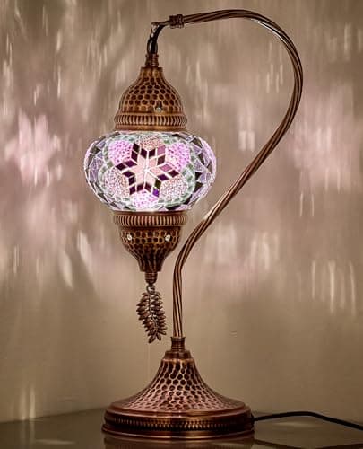 Image of DEMMEX Authentic Turkish Moroccan Mosaic Lamp - Handcrafted in Turkey - Table/Bedside Lamp with Mosaic Glass Globe & Hammered Metal Body, Bulb Included, 38cm, Unique Gift (Purple)