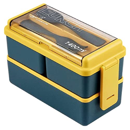 Image of Lychico Lunch Box, 1400ml Bento Box with Spoon Fork, Stackable 2 Layer 3 Compartments Leak Proof Japanese Lunch Box, Meal Prep Container Box for Adults Kids Students Office Microwave Dishwasher Safe
