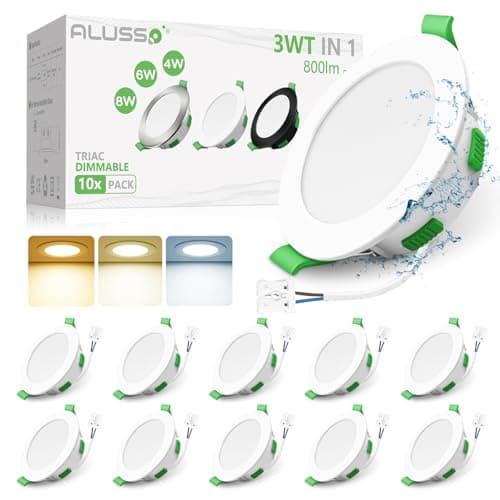 Image of ALUSSO LED Slim Downlights Dimmable 4W 6W 8W Selectable Recessed Ceiling Lights, 3CCT 3000K Warm 4000K Neutral 6500K Cool Adjustable IP44 Spot Lights for Bathroom Kitchen, White, 10 Pack