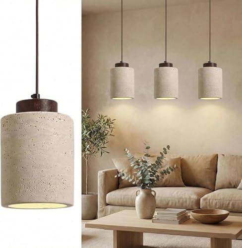 Image of Chandelier Ceiling Light, Natural Stone Cylinder Pendant Lights for Kitchen Island & Dining Room, Nordic Travertine Hanging Light with Wood Accents, Small E27 Pendant (Walnut Color 1 Item,10X17CM)