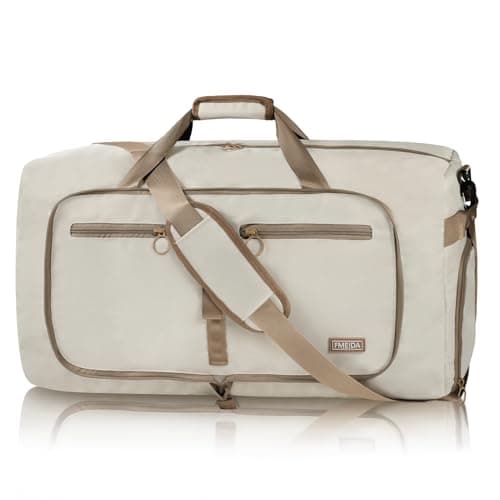 Image of Fmeida 65L Foldable Travel Duffle Bag, Lightweight Waterproof Weekend Luggage with Shoes Compartment, Large Overnight Holdall Tote, Beige