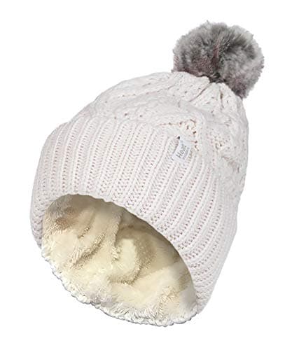 Image of HEAT HOLDERS - Ladies Chunky Ribbed Cuffed Thermal Winter Pom Pom Bobble Beanie Hat with Fleece Lining (One Size, Cream (Solna))