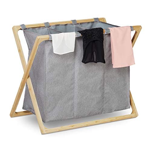 Image of Relaxdays Sorter, Foldable Basket with 3 Compartments, 3 x 28 L, Laundry Separator, 57.5 x 69 x 38 cm, Grey/Natural, 40% bamboo 60% polyester, 1 item