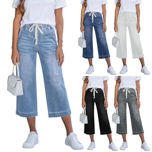 Image of Pull on Jeans for Women UK Baggy Wide Leg Cropped Trousers Drawstring Elastic High Waisted Pull On Jeans Trendy Stretchy Denim Capris Summer 3/4 Length Tummy Control Joggers with 4 Pockets