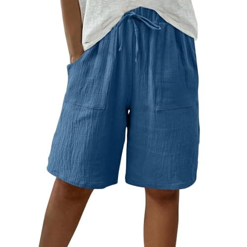 Image of HOOUDO Womens 2 in 1 Running Shorts Knee Length Bermuda Summer Shorts Baggy Straight Wide Leg Ladies Short Pants Casual Drawstring Tracksuit Bottoms Blue