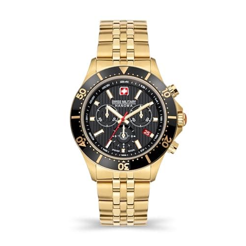 Image of Swiss Military Hanowa Flagship X Chrono Men's Watch with Genuine Leather Strap or Stainless Steel Strap 10 ATM Sapphire Glass, Gold, One Size, Bracelet
