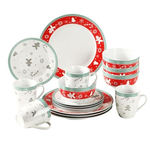 Image of simpa 16PC Christmas Gingerbread Men Ceramic Porcelain Dinner Set. 4 Dinner Plates, 4 Side Plates, 4 Bowls & 4 Mugs. Dishwasher & Microwave Safe.