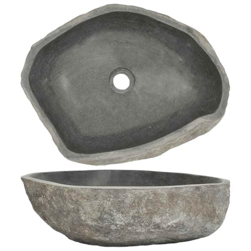 Image of vidaXL Basin River Stone Oval Shape, Natural Stone Bathroom Sink, Easy-to-Clean, Unique Design, Taupe, Dimensions Range (45-53) x (34-41) x 15 cm