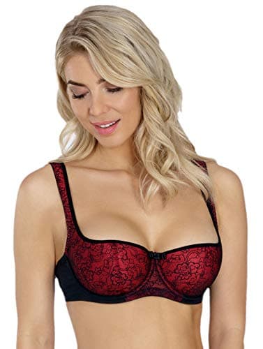 Image of Rosme Women's Balconette Bra with Push Up Effect – Plus Size Sexy Lace Demi Half Cup Bra – Lightly Padded Underwired Low Cut Mesh Design Grand, Red, Size 36E
