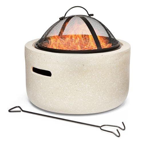 Image of VonHaus Fire Pit – 2 in 1 Firepit with BBQ Cooking Grill for Outdoor, Garden, Patio – MgO Material, Stone Effect Finish, Fire Poker & Mesh Cover Included, Carry Handles – Use Wood or Charcoal to Fuel
