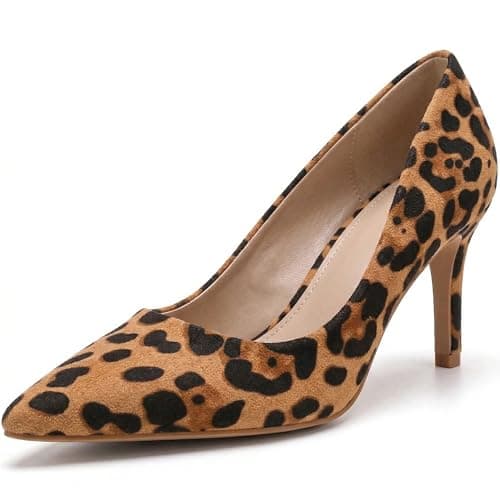 Image of Women’s Low Heel Court Shoes Elegant Pointed Toe Mid Heel Pumps for Office, Work, Wedding & Formal Wear Comfort Shoes UK (Leopard Suede, UK Footwear Size System, Adult, Women, Numeric, Medium, 6)