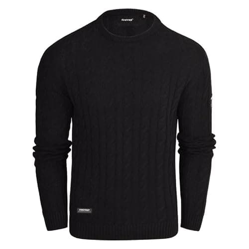 Image of Firetrap Men's Cable Knit Jumper - Casual Crew Neck Warm Long Sleeve Pullover Sweater Tops for Men Cotton Cable Knitted Fisherman Jumpers Chunky Smart Designer Winter Sweaters Black XXL