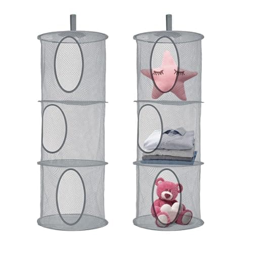 Image of Hanging Toy Storage Net Large, 2PCS 3 Tier Teddy Hammock Toy Mesh Storage Foldable Hanging Storage Organiser for Soft Toys Clothes Sundries, Space Saving (Grey)