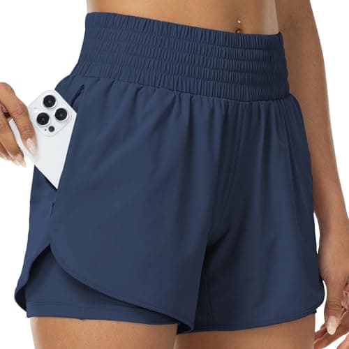 Image of SCCGKP Women 2-in-1 Running Shorts with Pockets Quick Dry Activewear Shorts Lightweight Gym Yoga Sport Shorts for Ladies Workout Hiking Training (S, Navy)