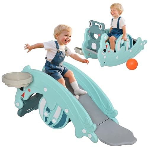 Image of HOMCOM 3-in-1 Baby Rocking Horse Portable Slide Basketball Hoop Equipment Indoor Outdoor Playground Toy, Age 18-36 Months, Green