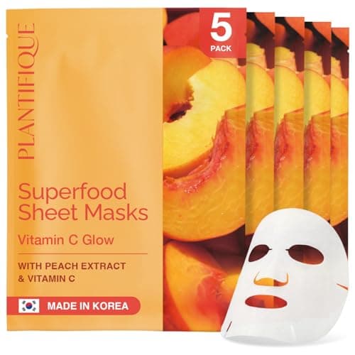 Image of PLANTIFIQUE Facial Sheet Mask Vitamin C Glow 5 Pack – Rejuvenating & Glowing Face Mask Sheets Pack with Peach & Vitamin C – Korean Skincare for Dull Skin