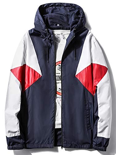 Image of MADHERO Mens Windbreaker Jacket Lightweight 90s Retro Wind Breakers, D Navy White Red, XXL
