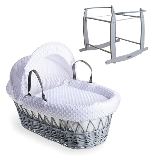 Image of Clair de Lune Dimple Grey Wicker Moses Basket with Grey Deluxe Rocking Stand 68 x 30 cm (White)