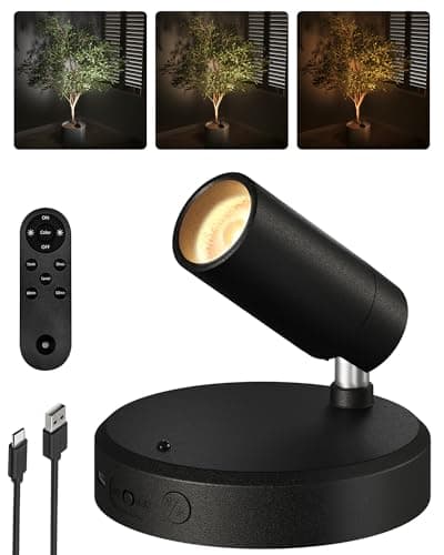 Image of EZVALO 5500mAh Battery Powered Indoor Spotlights, Uplights for Indoor Plants, Wireless LED Picture Light for Wall, Dimmable with Remote & Timer, 3-Colour for Artwork & Tree Display (1, Black)