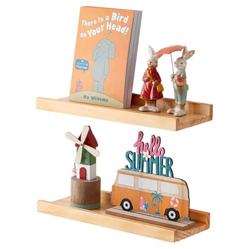 Image of OAKERLAND 2Pcs Wooden Floating Shelves for Wall, 40cm Pine Picture Ledge Shelf Wall Mounted Pine Display Shelf for Home,Office,Bedroom,Living Room,Bathroom,Kitchen