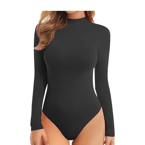 Image of R&N FASHIONS Womens Turtle Neck Bodysuit Plain Long Sleeve Ladies Stretch Leotard Top Sizes 8-14 (Black, 12-14)