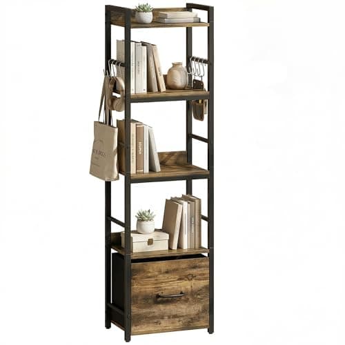 Image of HOMCOM 4-Tier Bookshelf, Narrow Bookcase with Drawer, 8 Hooks, Metal Frame, Shelving Unit for Living Room, Bedroom, Home Office, 39 x 26 x 136.5 cm, Rustic Brown
