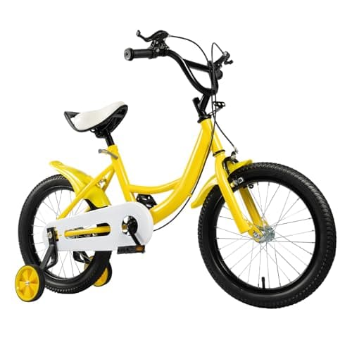 Image of Pinuox 16 Inch Kids Bike with Training Wheels | For Boys & Girls Ages 5-8 | Dual Hand Brakes, Mudguards, Carbon Steel Frame Children's Bicycle (Yellow)