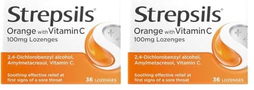 Image of Strepsils Orange and Vitamin C Lozenges for Sore Throat and Cough Relief, 36 Lozenges (Pack of 2)