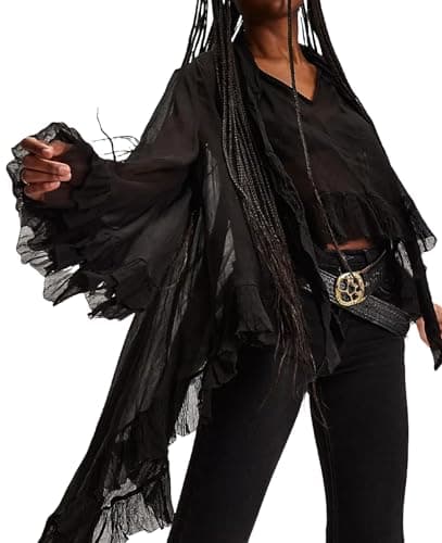 Image of FeMereina Women Long Bell Sleeve Frill Top See Through Sheer Mesh Blouse High Low Hem Ruffled Sexy Flowy Tops Shawl Shirt (Black, S)