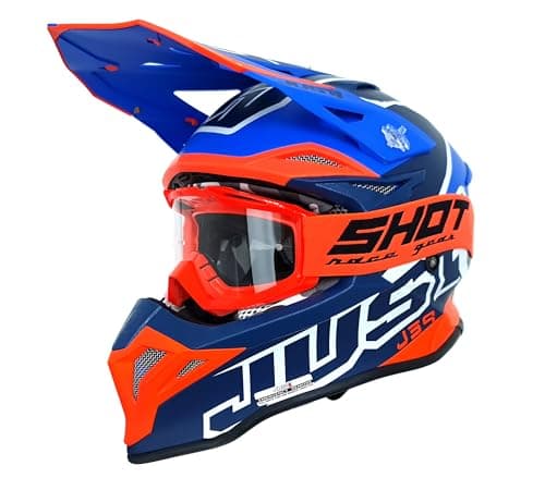 Image of Adults Motocross Helmet Just1 J39 Neon Orange Blue White Suitable For KTM SX SXF EXC - ECE 22.06 ACU Gold Approved MX Off Road Helmet - FREE MX Goggles (M)