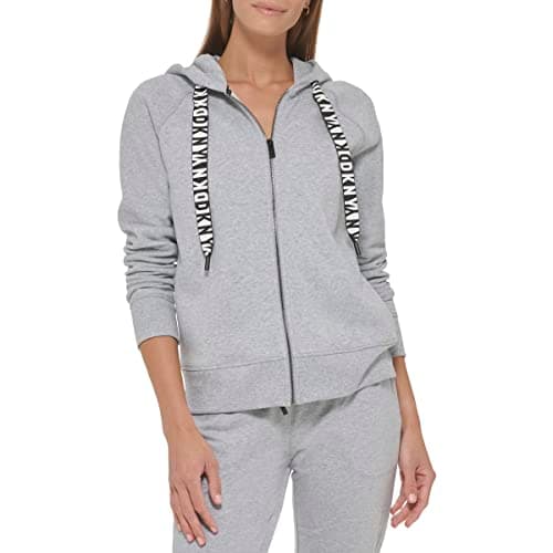 Image of DKNY Women's Logo Drawstring Zip Up Hoodie, Activewear Sweatshirt Hooded, Light Grey, XS