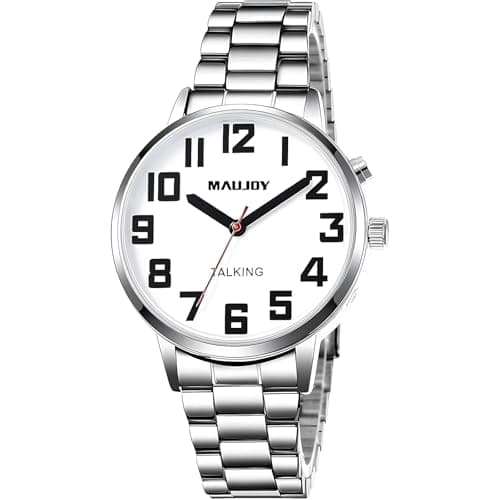 Image of MAUJOY Men's English Talking Watch（Silver Stainless Steel Watch Band） Voice-Activated Quartz Watch, Ideal for Blind & Visually Impaired Elderly