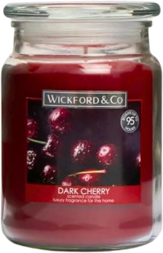 Image of Luxury Scented Dark Cherry Large Glass Jar Candle by Wickford & Co – 18oz, 95-Hour Burn Time, Ideal for Any Space & Special Occasions