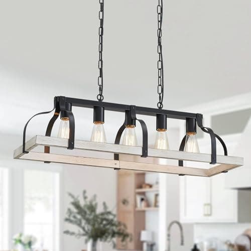 Image of WUZUPS 5-Light Metal Chandelier Imitation Wood Grain Linear Pendant Ceiling Lighting Rustic Farmhouse Fixture Kitchen Island Dining Room, E27 Base, Black& Antique White