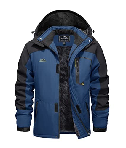 Image of EKLENTSON Mens Waterproof Fleece Jacket Thermal Softshell Ski Snow Fishing Coat Windproof Warm Winter Hooded Denim Blue,L