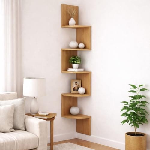 Image of spot on dealz® 5 Tier Corner Shelves for Wall Oak Floating Shelf Corner Unit for Living Room Hanging Bookshelf Wall Shelves Display Wooden Spiral Shelving Rack