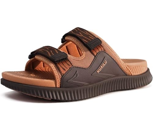 Image of KuaiLu Mens Walking Slide Sandals Orthotic Athletic Thick Cushion Recovery Sport Sandles Adjustable Strap Open Toe Slip On Yoga Mat With Comfortable Plantar Fasciitis Arch Support Khaki Size 9