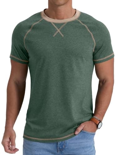 Image of QIXING Mens T-Shirt Cotton Crew Neck Short Sleeve Regular Fit T Shirt Raglan Soft Lightweight Summer Casual Tops for UK(A03 VG Green L)