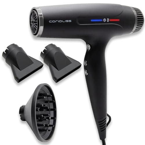 Image of Corioliss Typhoon Hair Dryer with Diffuser & Accessories for Curly Hair|Super Quiet |Light Weight |Powerful 2400W|Ionic |Professional Black Chrome