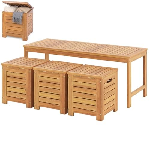 Image of SFAREST Wooden Garden Bench, Patio Bench and 3 Storage Boxes with Built-in Side Handles and Lids, 4-Piece Outdoor Furniture Park Porch Seating for Backyard Porch Balcony